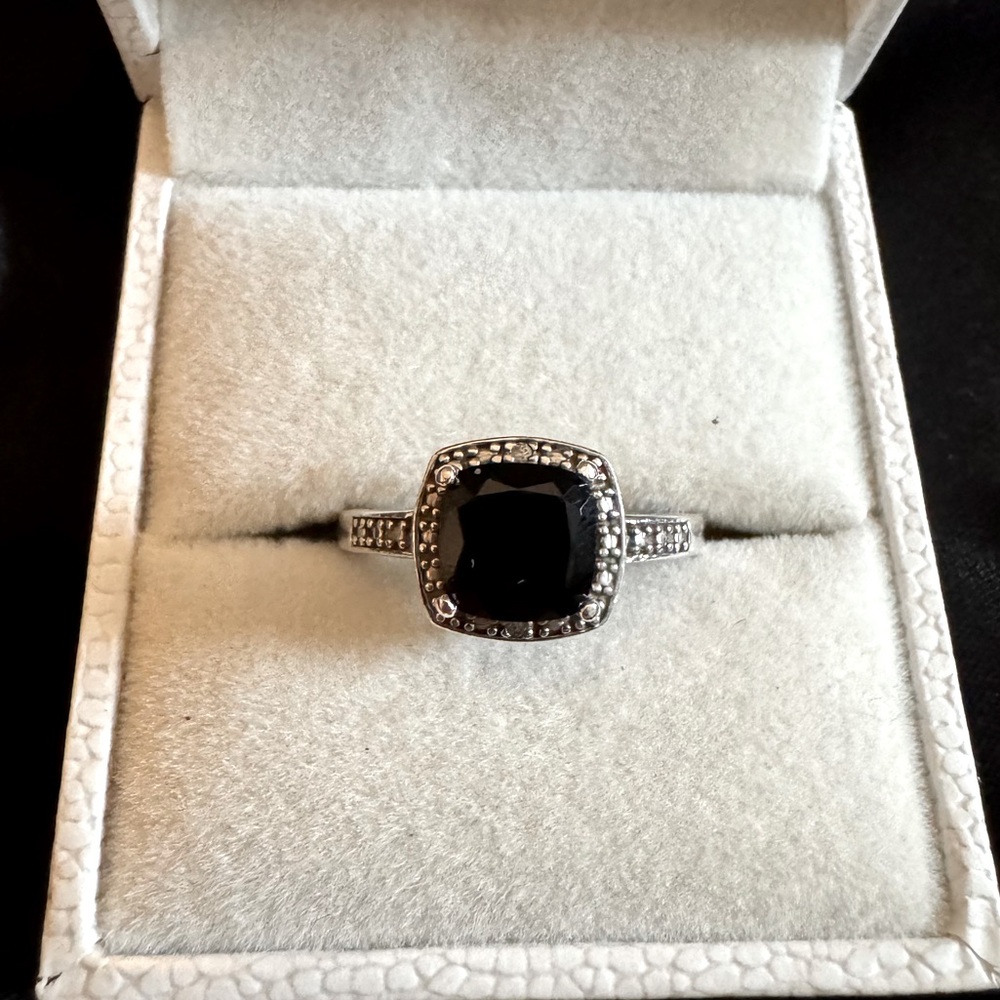 Onyx & Diamond Accent Ring Size 6 plated with 14k White Gold (FREE SHIPPING)